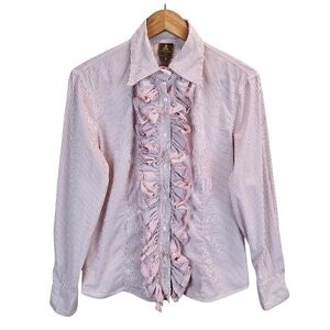 Guy Rover Womens Cotton Blend Striped Ruffle Front Shirt Medium Made In Italy